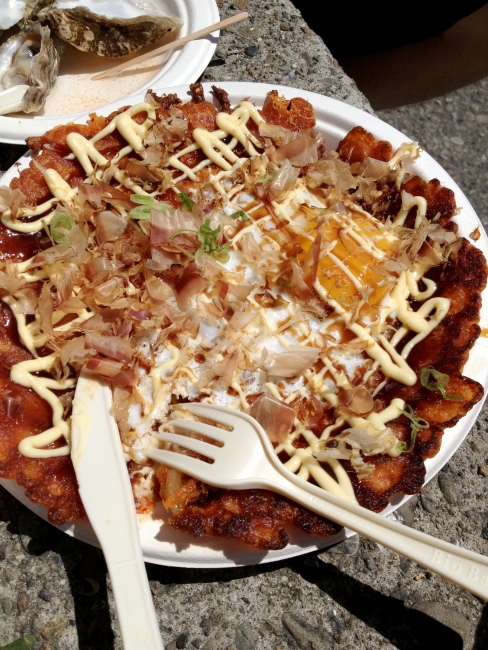 Kimchi Okonomiyaki from Namu Gaji Street food at the Ferry Building Market in San Francisco. Earth-shatteringly delicious. 